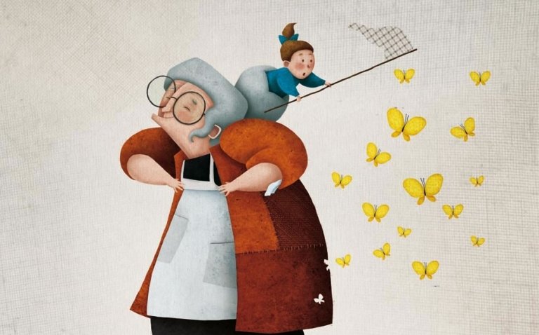 Babcia z dzieckiem na plecach łapiącym motyle do siatki