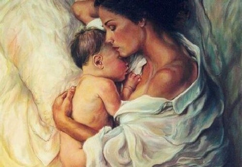 Obraz przedstawiający śpiące dziecko z matką