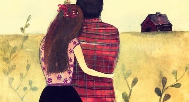 Przytulający się kobieta i mężczyzna z domem w tle