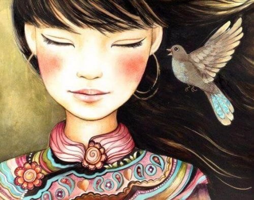 Ptak podlatuje do dziewczyny - obraz