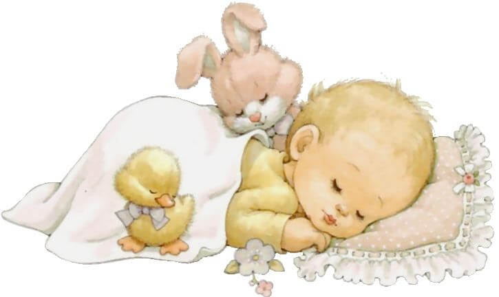 Śpiące niemowlę z kaczątkiem i króliczkiem przykryte kołderką