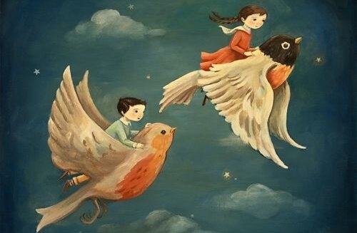 Dzieci lecące na ptakach-obrazek