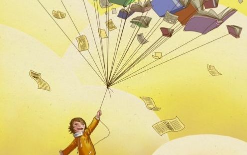 Dziewczynka trzymająca na sznurku książki o inteligencji emocjonalnej odlatujące w niebo