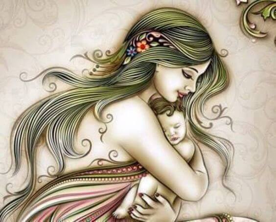 Fresk przedstawiający mamę przytulającą niemowlę do piersi