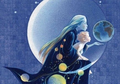 Obraz przedstawiający matkę z dzieckiem na tle ksieżyca