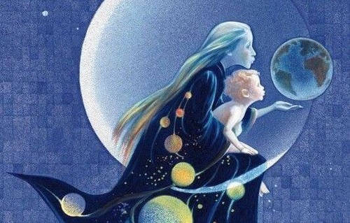 Matka z dzieckiem ogląda księżyc