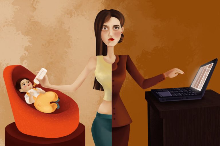 Mama podzielona na pół - mama zajmująca się domem i karmiąca dziecko oraz pracująca