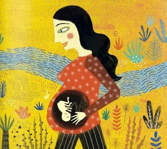 Mama w ciąży idąca przez łąkę z dzieckiem widocznym w brzuchu - mama wie, że będziesz wspaniały