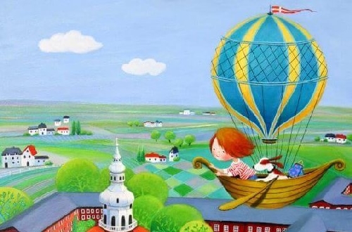 Rysunek dziecka lecącego balonem