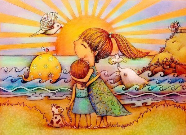 Rysunek mamy przytulającej córkę na tle zachodzącego słońca - czas spędzony z dzieckiem jest piękny
