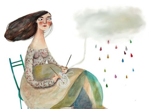 Rysunek mamy robiącej na drutach z chmury, z której pada tęczowy deszcz
