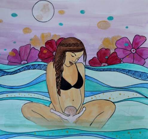 Rysunek mamy rodzącej dziecko w wodzie - pokonać strach przed porodem