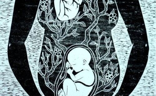 Rysunek przedstawiający przekrój mamy w ciąży z widocznym dzieckiem - cud życia