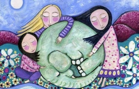 Rysunek trzech dziewczynek przytulających słonia zwiniętego w kłębek