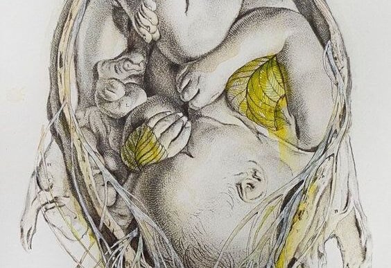 Skulone niemowlę oplecione liśćmi i gałązkami