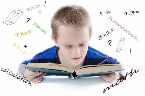 Chłopiec siedzący nad książką, otoczony równianiami - jak nauczyć dziecko mnożenia