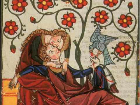 Średniowieczna ilustracja: kobieta tuląca mężczyznę