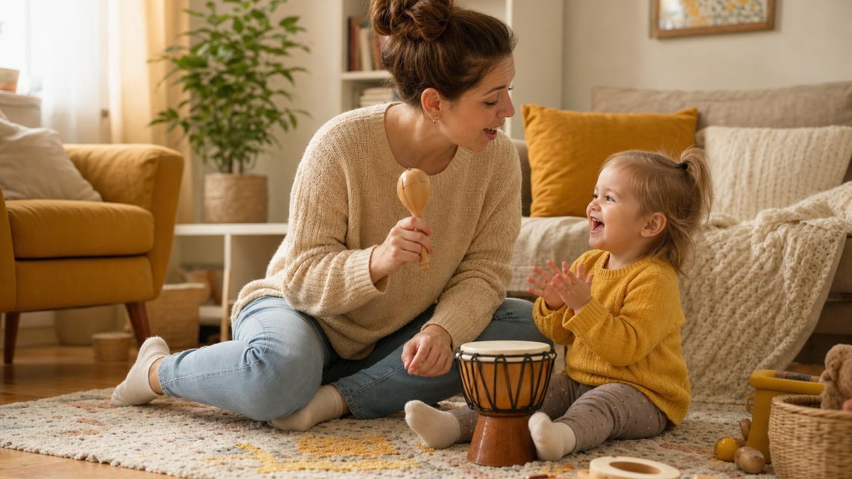 Mama i małe dziecko wspólnie bawią się instrumentami muzycznymi w salonie